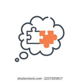 Puzzles in cloud icon. Metaphor of teamwork and partnership. Brainstorming, idea and insight. Interface for programs and applications, speech bubble. Cartoon flat vector illustration