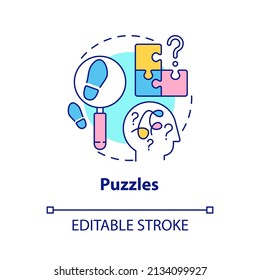 Puzzles concept icon. Escape room general component abstract idea thin line illustration. Educationally-enriching scenario. Isolated outline drawing. Editable stroke. Arial, Myriad Pro-Bold fonts used