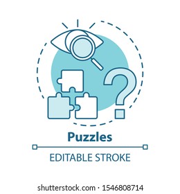 Puzzles concept icon. Quest game idea thin line illustration. Looking for answer, clues. Jigsaw parts. Solving problem, searching solution. Vector isolated outline drawing. Editable stroke