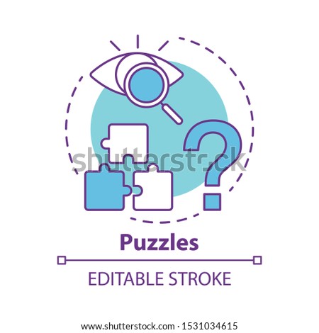 Puzzles concept icon. Quest game idea thin line illustration. Looking for answer, clues. Jigsaw parts. Solving problem, searching solution. Vector isolated outline drawing. Editable stroke