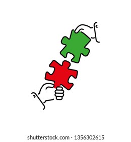 puzzles connect in hands color vector icon, sign, symbol. Business matching concept. Connecting elements puzzle in hand businessman. Working together to solve problems. Cooperation, association