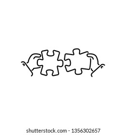 puzzles connect in hands line, linear vector icon, sign, symbol. Business matching concept. Connecting elements puzzle in hand businessman. Working together to solve problems. Cooperation, association