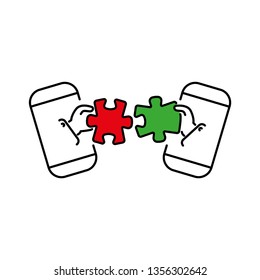 puzzles connect in hands from smartphone color vector icon, sign, symbol. Business matching concept. Connecting elements puzzle in hand businessman. Working together to solve problems. 