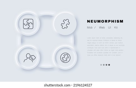 Puzzles for creativity set icon. Solve problems, perform tasks, man, conundrum, riddle, jigsaw, innovation, strategy. Business concept. Neomorphism style. Vector line icon for Business and Advertising