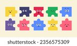 Puzzles faces. Funny bright puzzle pieces characters cute smile or angry face emotion, jigsaw emoji join friends creative shape cartoon mascot concept vector illustration of puzzle expression funny
