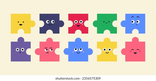 Puzzles faces. Funny bright puzzle pieces characters cute smile or angry face emotion, jigsaw emoji join friends creative shape cartoon mascot concept vector illustration of puzzle expression funny