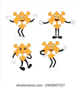 Puzzles faces. Funny bright puzzle pieces characters cute smile or angry face emotion, jigsaw emoji join friends creative shape cartoon mascot concept vector illustration of puzzle expression funny