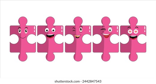 Puzzles faces. Funny bright puzzle pieces characters cute smile or angry face emotion, jigsaw emoji join friends creative shape cartoon mascot concept vector illustration of puzzle expression funny