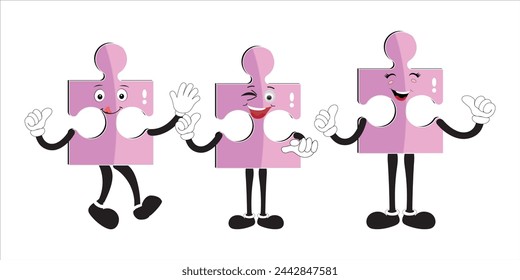 Puzzles faces. Funny bright puzzle pieces characters cute smile or angry face emotion, jigsaw emoji join friends creative shape cartoon mascot concept vector illustration of puzzle expression funny