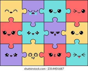 Puzzles with faces. Kawaii characters on colorful jigsaw pieces. Cute emoji with facial emotions. Happy, smile and cry, angry expression vector concept. Bright logic game, connected components