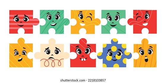 Puzzles faces set. Collection of stickers for social networks and reaction for instant messengers. Poster or banner for website. Education and training, learning. Cartoon flat vector illustration