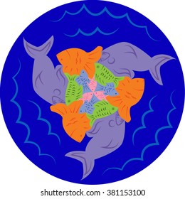 Puzzles of fish. Escher style. Symmetrical round pattern