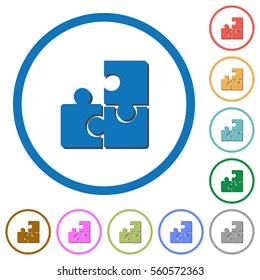 Puzzles flat color vector icons with shadows in round outlines on white background