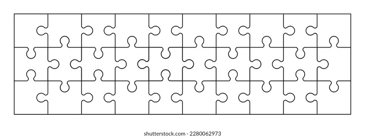 Puzzles grid - blank template. Jigsaw puzzle with 30 pieces. Mosaic background for thinking game is 10x3 size. Game with details. Vector 10 eps.