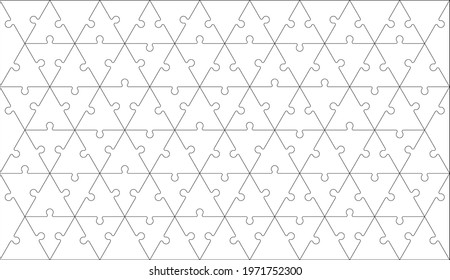 Puzzles grid - blank template with pieces in triangle shape. Jigsaw puzzle with triangle geometric piece. Mosaic background for thinking game. Game with details. Vector illustration.