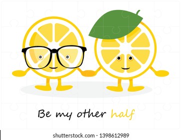 Puzzles grid picture. Jigsaw puzzle 24 pieces, thinking game and 6x4 jigsaws detail frame design. Lemons in Cartoon style. Be my other half. Vector illustration