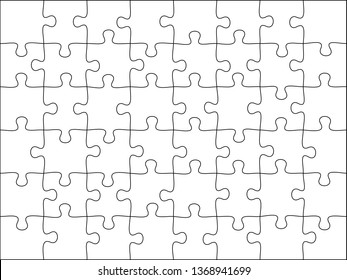 Puzzles grid template. Jigsaw puzzle 48 pieces, thinking game and 8x6 jigsaws detail frame design. Business assemble metaphor or puzzles game challenge vector illustration