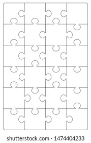 Puzzles grid template. Jigsaw puzzle 24 pieces, thinking game and 4x6 jigsaws detail frame design. Business assemble metaphor or puzzles game challenge vector illustration