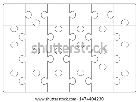 Puzzles grid template. Jigsaw puzzle 24 pieces, thinking game and 6x4 jigsaws detail frame design. Business assemble metaphor or puzzles game challenge vector illustration