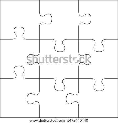 Puzzles grid template. Jigsaw puzzle 9 pieces, thinking game and 3x3 jigsaws detail frame design. Business assemble metaphor or puzzles game challenge vector illustration