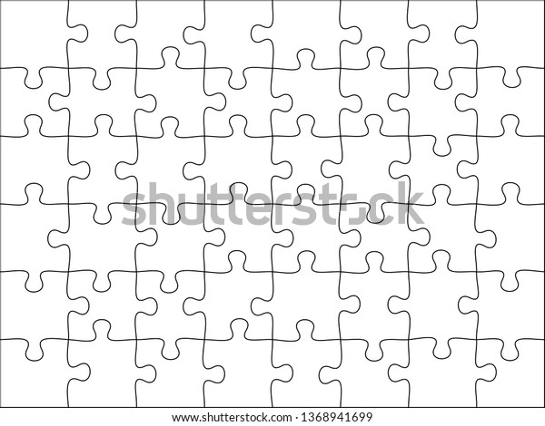 Puzzles grid template.\
Jigsaw puzzle 48 pieces, thinking game and 8x6 jigsaws detail frame\
design. Business assemble metaphor or puzzles game challenge vector\
illustration