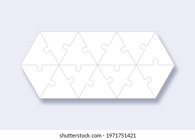 Puzzles grid template with pieces in triangle shape. Jigsaw puzzle with pieces, thinking game, jigsaws detail frame for business presentation with shadow. Сoncept of success in solving mosaic. Vector.