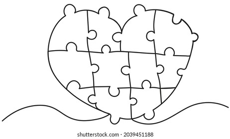 Puzzles Heart one line on a white isolate. Stock illustration of composing love and health. Graphic element for wedding invitations, valentine's day.