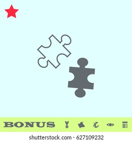 Puzzles icon flat. Grey pictogram on blue background. Vector illustration symbol and bonus buttons medal, cow, earth, eye, calculator