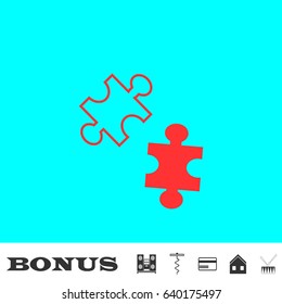 Puzzles icon flat. Red pictogram on blue background. Vector illustration symbol and bonus buttons Music center, corkscrew, credit card, house, drum