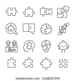 Puzzles Icons Set. Puzzle Pieces, Parts, Linear Icon Collection. Line With Editable Stroke