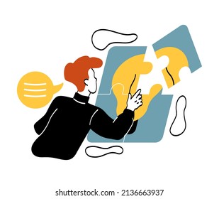 Rompecabezas y idea. Un chico joven colecciona el rompecabezas pieza por pieza. Bombilla, ideas e inspiración. Personalidad creativa en el trabajo. Aspirante empresario o empresario. Dibujo vectorial plano de dibujos animados