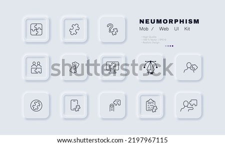 Puzzles for ideas set icon. Creative occupation, solve problems, jigsaw, conundrum, riddle, question mark, perform tasks. Thinking concept. Neomorphism. Vector line icon for Business and Advertising.