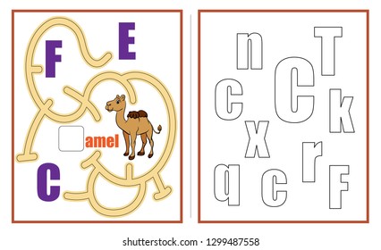 Puzzles for kids. Maze. Learn the letters. Assignments for preschoolers. Labyrinth for children.  Tasks for children. Alphabet. Workbook. Vector illustration. Little animals cartoons characters.