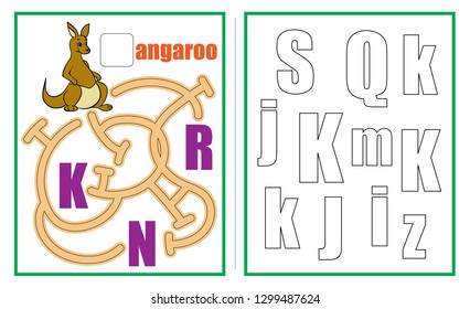 Puzzles for kids. Maze. Learn the letters. Assignments for preschoolers. Labyrinth for children.  Tasks for children. Alphabet. Workbook. Vector illustration. Little animals cartoons characters.