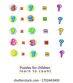 puzzles for kids.solve examples ,Workbook on mathematics for preschool education.learn to multiply, puzzles for children. Vector
