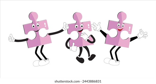Puzzles mascot Funny bright puzzle pieces characters cute smile or angry face emotion, jigsaw emoji join friends creative shape cartoon mascot concept