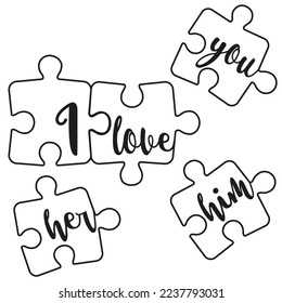 Puzzles minimalist art print. Contour linear drawing of puzzles on a white background. I love him, her, them, you. Inspirational poster about feelings.