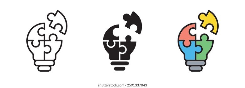 puzzles on light bulb icon vector set. Solution symbol isolated on white background. Illustration of problem resolution vector icons for web design.