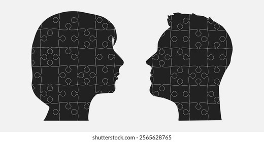 Puzzles parts made woman and man head. Challenge logic, creativity, skills. Silhouette face for psychology, brain activity, mental health and well-being. Template jigsaw puzzle infographic, diagram