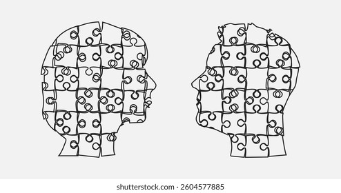 Puzzles parts made woman and man head. Challenge logic, creativity, skills. Silhouette face for psychology, brain activity, mental health and well-being. Template jigsaw puzzle infographic, diagram