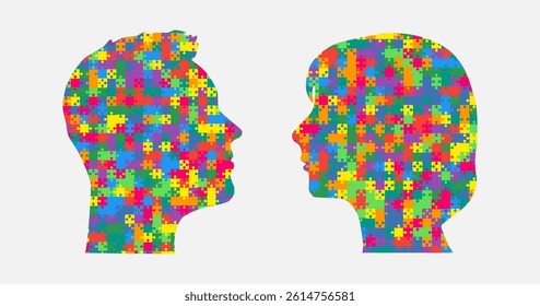 Puzzles parts made woman and man head. Challenge logic, creativity, skills. Silhouette face for psychology, brain activity, mental health and well-being. Template jigsaw puzzle infographic, diagram