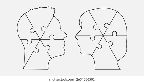 Quebra-cabeças partes feitas mulher e homem cabeça. Desafie a lógica, a criatividade, as habilidades. Rosto de silhueta para psicologia, atividade cerebral, saúde mental e bem-estar. Modelo de quebra- cabeça infográfico, diagrama