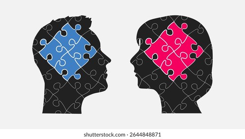Puzzles parts made woman and man head. Challenge logic, creativity, skills. Silhouette face for psychology, brain activity, mental health and well-being. Template jigsaw puzzle infographic, diagram