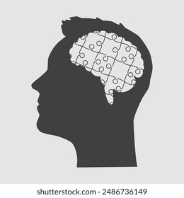 Rompecabezas partes en la cabeza del hombre desafían la lógica, la creatividad, las habilidades. Cara masculina de la silueta para la psicología, actividad cerebral, salud mental y bienestar. rompecabezas de Plantilla para infografía, diagrama