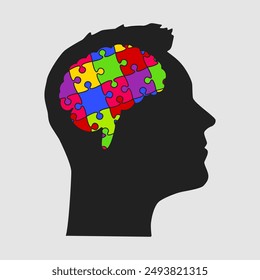 Rompecabezas partes en la cabeza del hombre desafían la lógica, la creatividad, las habilidades. Cara masculina de la silueta para la psicología, actividad cerebral, salud mental y bienestar. rompecabezas de Plantilla para infografía, diagrama