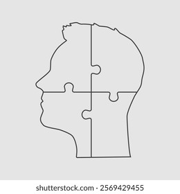 Puzzles parts in man head challenge logic, creativity, skills. Silhouette male face for psychology, brain activity, mental health and well-being. Template jigsaw puzzle for infographic, diagram