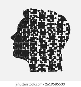 Puzzles parts in man head challenge logic, creativity, skills. Silhouette male face for psychology, brain activity, mental health or disorder well-being. Template jigsaw puzzle for infographic