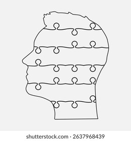 Puzzles parts in man head challenge logic, creativity, skills. Silhouette male face for psychology, brain activity, mental health and well-being. Template jigsaw puzzle for infographic, diagram
