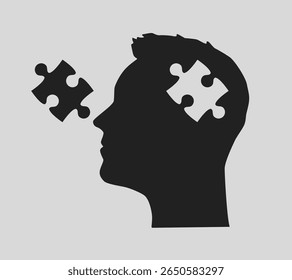 Puzzles parts in man head challenge logic, creativity, skills. Silhouette male face for psychology, brain activity, mental health and well-being. Template jigsaw puzzle for infographic, diagram