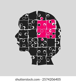 Puzzles parts in woman head challenge logic, creativity, skills. Silhouette female face for psychology, brain activity, mental health or disorder well-being. Template jigsaw puzzle for infographic